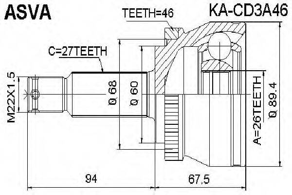 ASVA KACD3A46 Шарнірний комплект, приводний вал