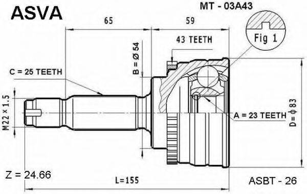 ASVA MT03A43 Шарнірний комплект, приводний вал