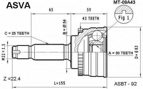 ASVA MT09A43 Шарнірний комплект, приводний вал