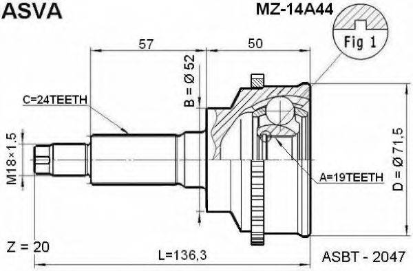 ASVA MZ14A44 Шарнірний комплект, приводний вал