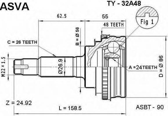 ASVA TY32A48 Шарнірний комплект, приводний вал