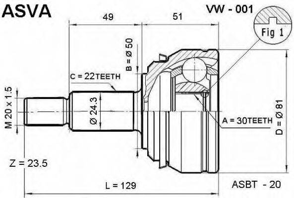 ASVA VW001 Шарнірний комплект, приводний вал