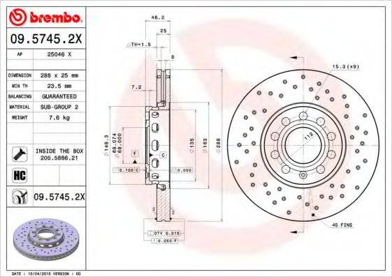 BREMBO 0957452X гальмівний диск