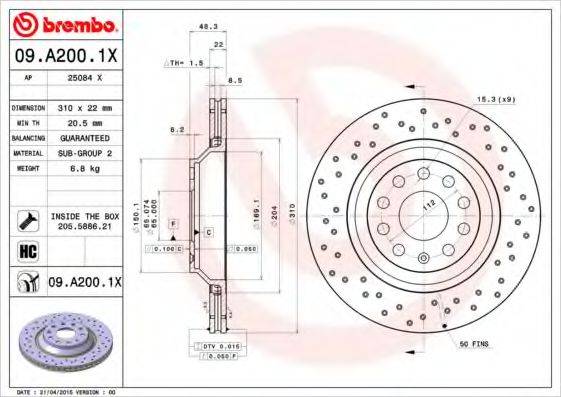 BREMBO 09A2001X гальмівний диск